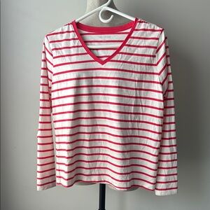 Lands End Top Size Medium Women French Red Striped Supima Long Sleeve V-Neck